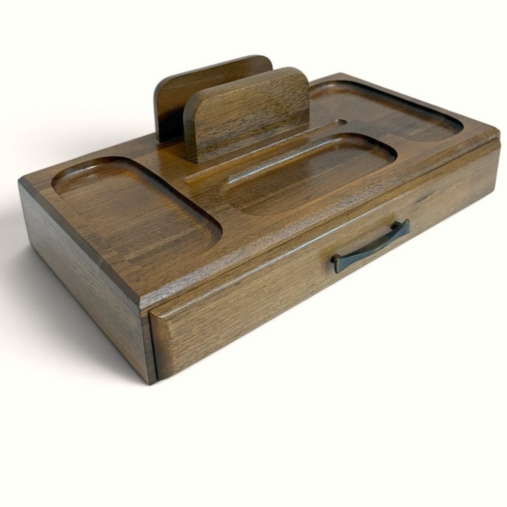 Vintage Decatur Industries Genuine Walnut Wood Valet Tray Desk Organizer USA